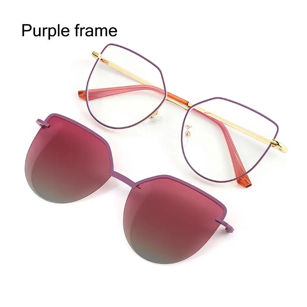 3 In-1 Glasses, Trendy Metal Frame Cat Eye Anti Blue Light Glasses with 1Pc Magnetic Polarized Clip-On Sunglasses Lenses