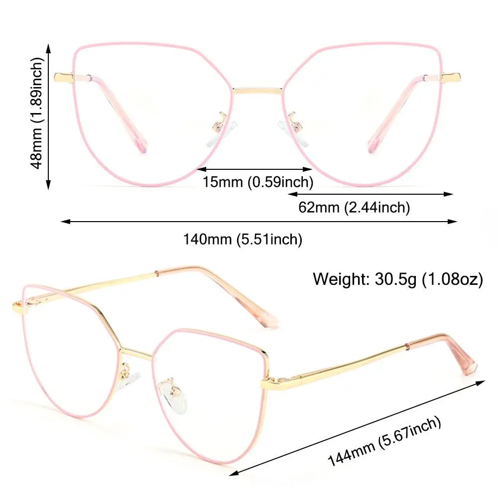 3 In-1 Glasses, Trendy Metal Frame Cat Eye Anti Blue Light Glasses with 1Pc Magnetic Polarized Clip-On Sunglasses Lenses