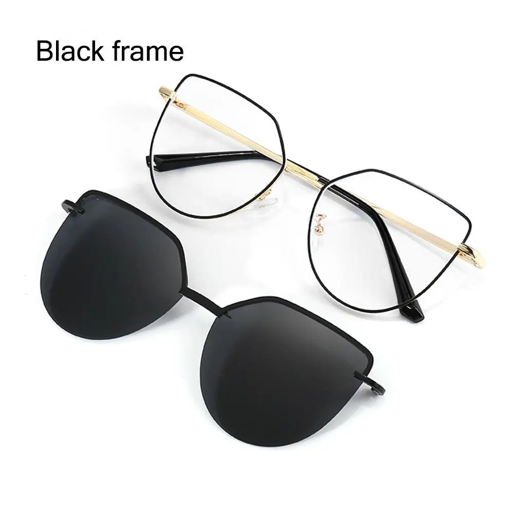3 In-1 Glasses, Trendy Metal Frame Cat Eye Anti Blue Light Glasses with 1Pc Magnetic Polarized Clip-On Sunglasses Lenses