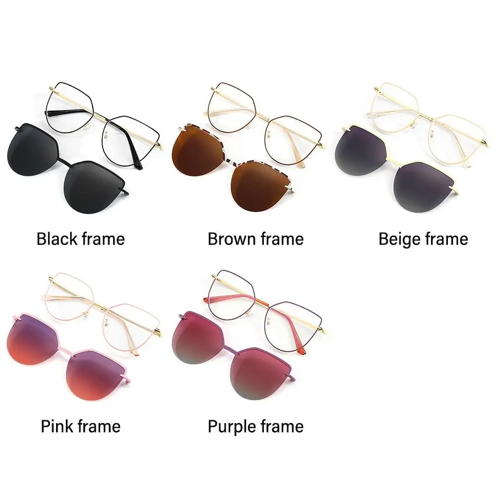 3 In-1 Glasses, Trendy Metal Frame Cat Eye Anti Blue Light Glasses with 1Pc Magnetic Polarized Clip-On Sunglasses Lenses