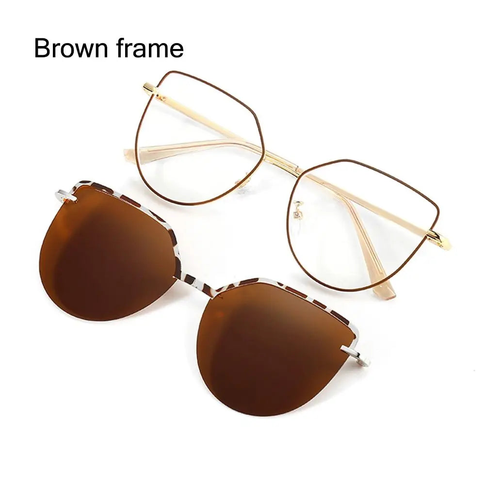 3 In-1 Glasses, Trendy Metal Frame Cat Eye Anti Blue Light Glasses with 1Pc Magnetic Polarized Clip-On Sunglasses Lenses