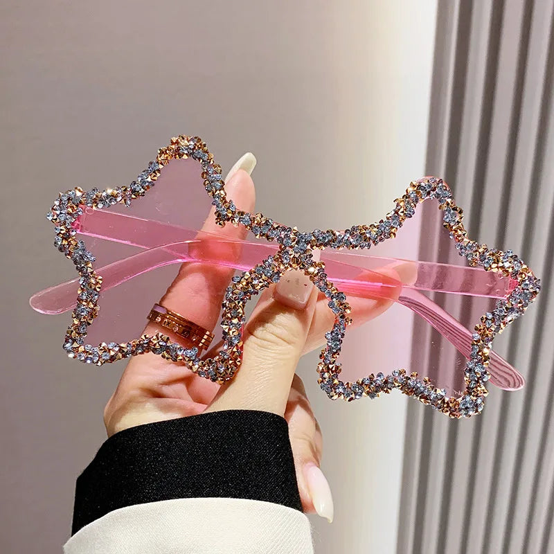 Female Pentagram Diamond Rimless Sunglasses Personalized Street Photography Sunglass Travel Sunscreen Glasses for Women