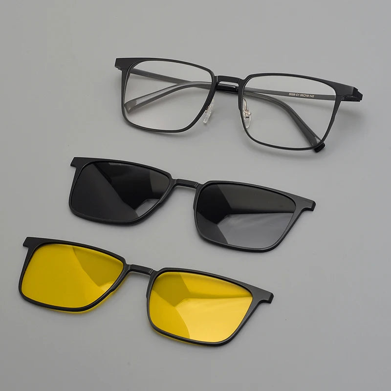 Flip Pure Titanium Square Sunglasses Clip Double Lenses Solar Glasses Designer High Quality Men Retro Eyeglasses