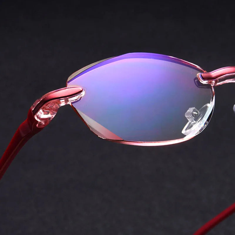 Diamond Cutting Rimless Reading Glasses Women Men Anti Blue Light Presbyopic Glasses Frameless Oval TR90 red/black