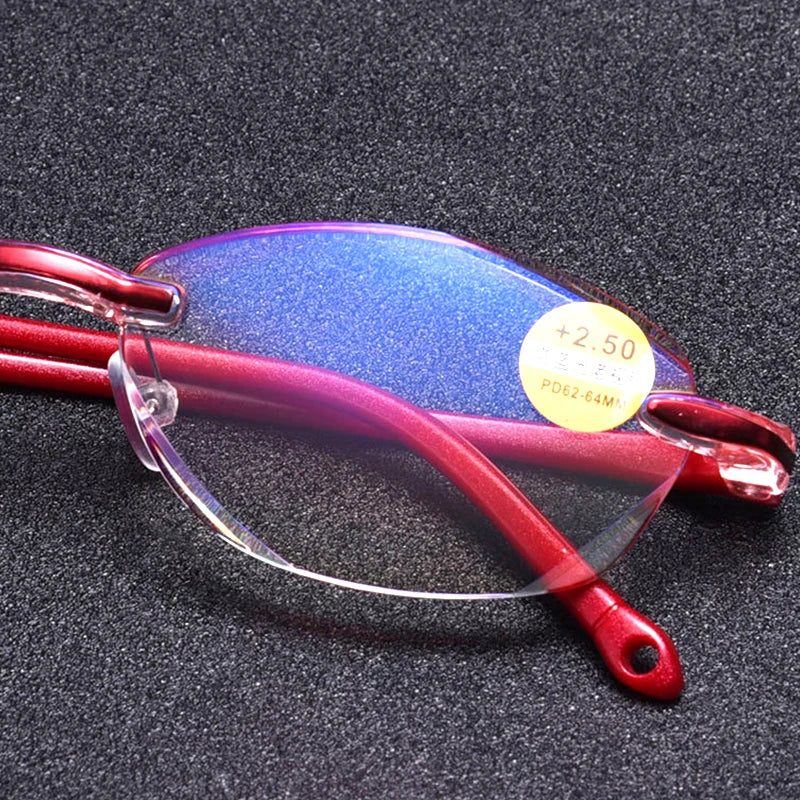 Diamond Cutting Rimless Reading Glasses Women Men Anti Blue Light Presbyopic Glasses Frameless Oval TR90 red/black