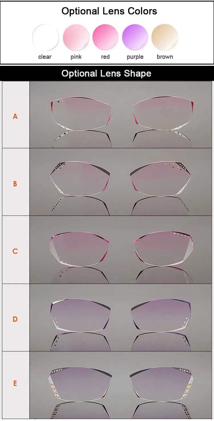 Lenti MR-8 per occhiali da donna senza montatura con montatura a diamante, scelta di forme personalizzate e colori opzionali