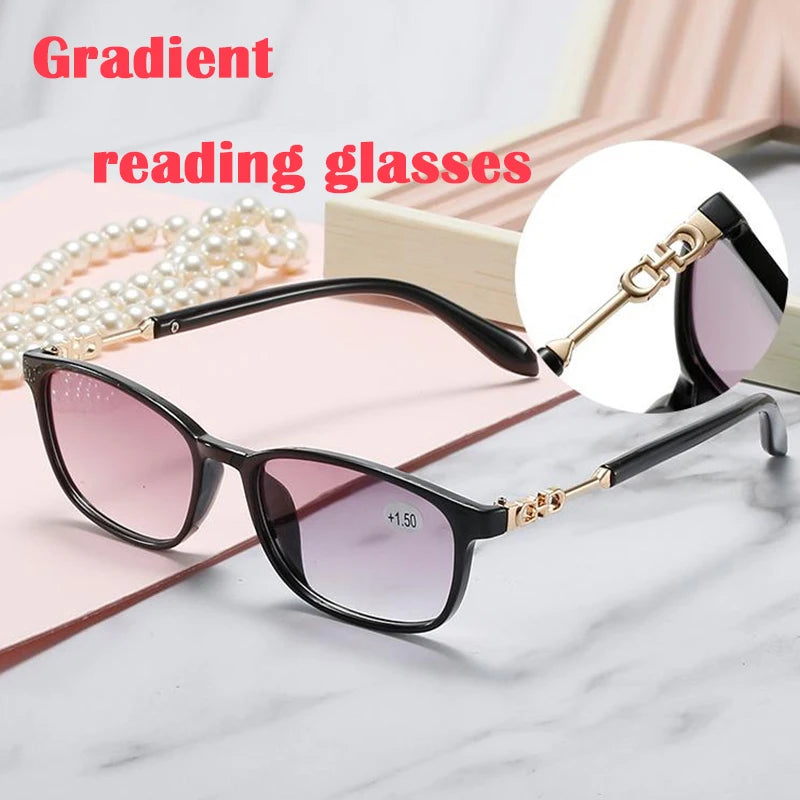 Luxury Square Reading Glasses Women HD Gradient Lenses Reader Glasses Metal Full Frame Unbreakable Black Red +150 250