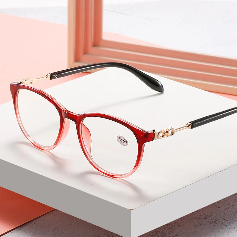 Luxury Square Reading Glasses Women HD Gradient Lenses Reader Glasses Metal Full Frame Unbreakable Black Red +150 250