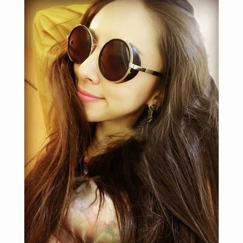 Men's Cooling Glasses Black Round Lenses Sunglasses Gold Frames Oculos Steampunk Feminino Mirro Lens Metal Alloy Frame Retro
