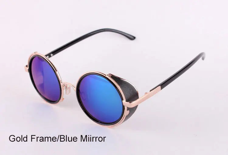 Men's Cooling Glasses Black Round Lenses Sunglasses Gold Frames Oculos Steampunk Feminino Mirro Lens Metal Alloy Frame Retro