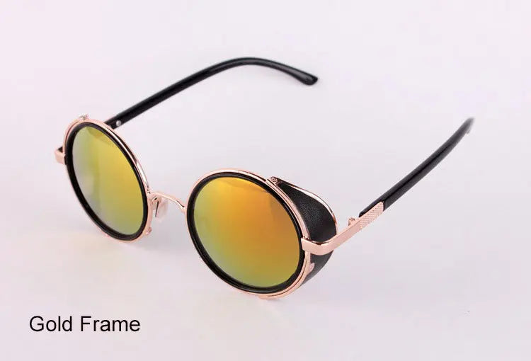 Men's Cooling Glasses Black Round Lenses Sunglasses Gold Frames Oculos Steampunk Feminino Mirro Lens Metal Alloy Frame Retro