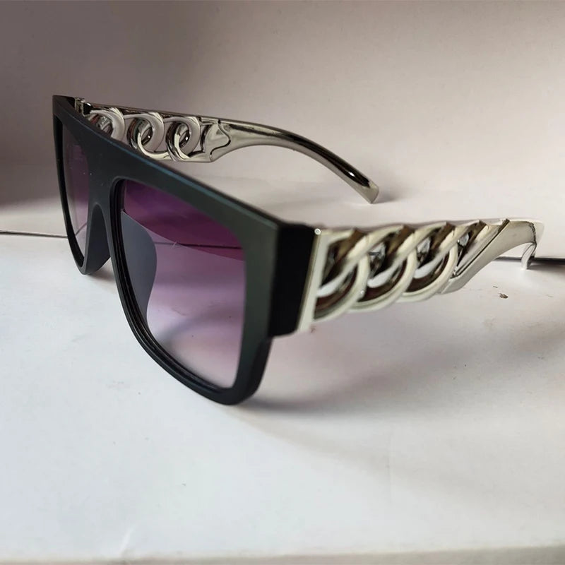 New Trendy Women Sunglasses Hip Hop Flamboyant Men Punk Big Gold Necklace Glasses Casual Vacation Sun Glasses UV400