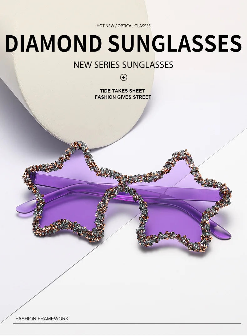 Female Pentagram Diamond Rimless Sunglasses Personalized Street Photography Sunglass Travel Sunscreen Glasses for Women