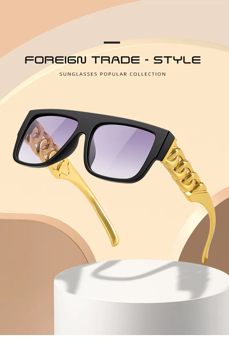 New Trendy Women Sunglasses Hip Hop Flamboyant Men Punk Big Gold Necklace Glasses Casual Vacation Sun Glasses UV400