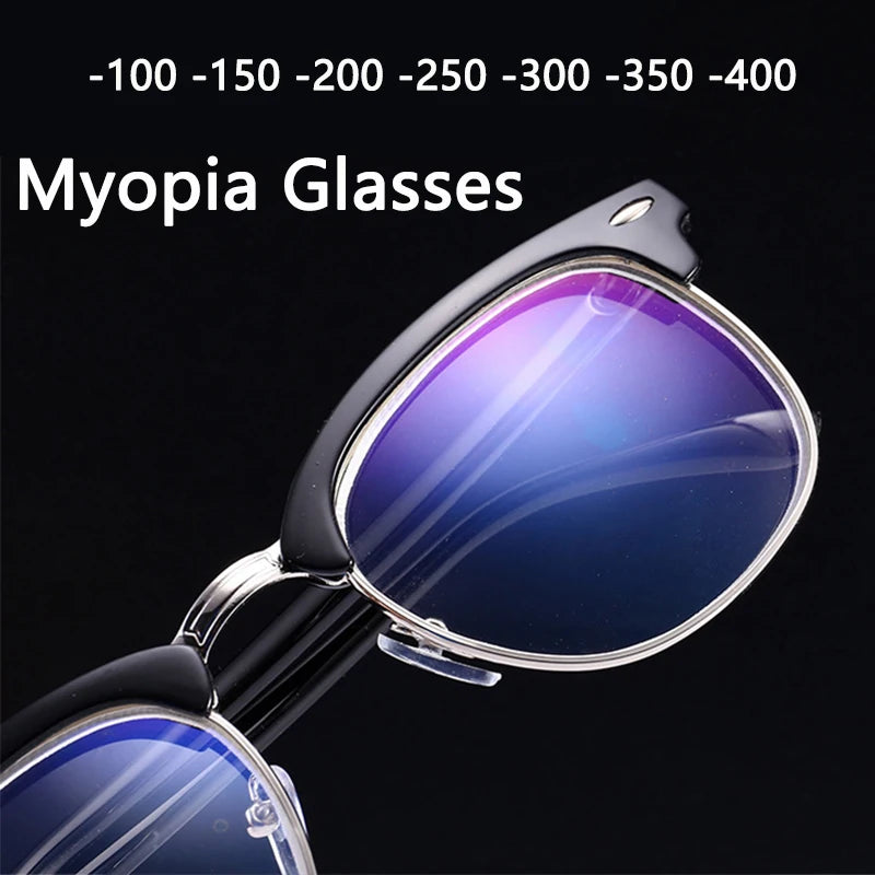 Retro Half Frame Myopia Glasses Men Progressive Tea Finished Glasses Women Ultralight Clear Metal Nearsighted Eyeglasses Silver