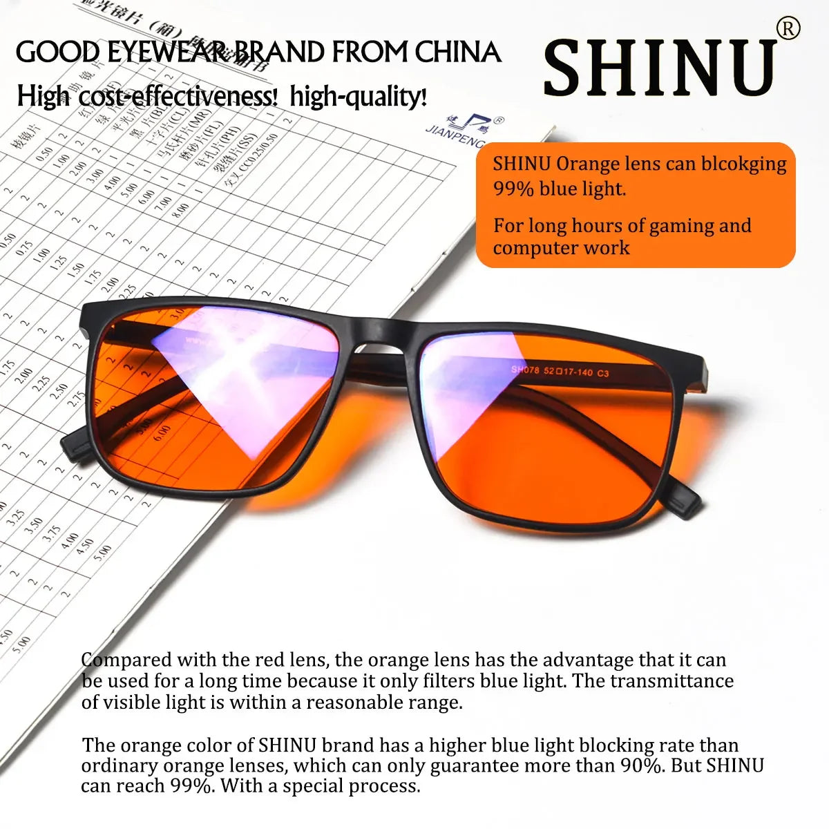 SHINU Brand Good Sleep Blue Light Blocking Glasses Men Red Lenses Anti Green Light Eliminate Eye Strain Glasses Bluelight