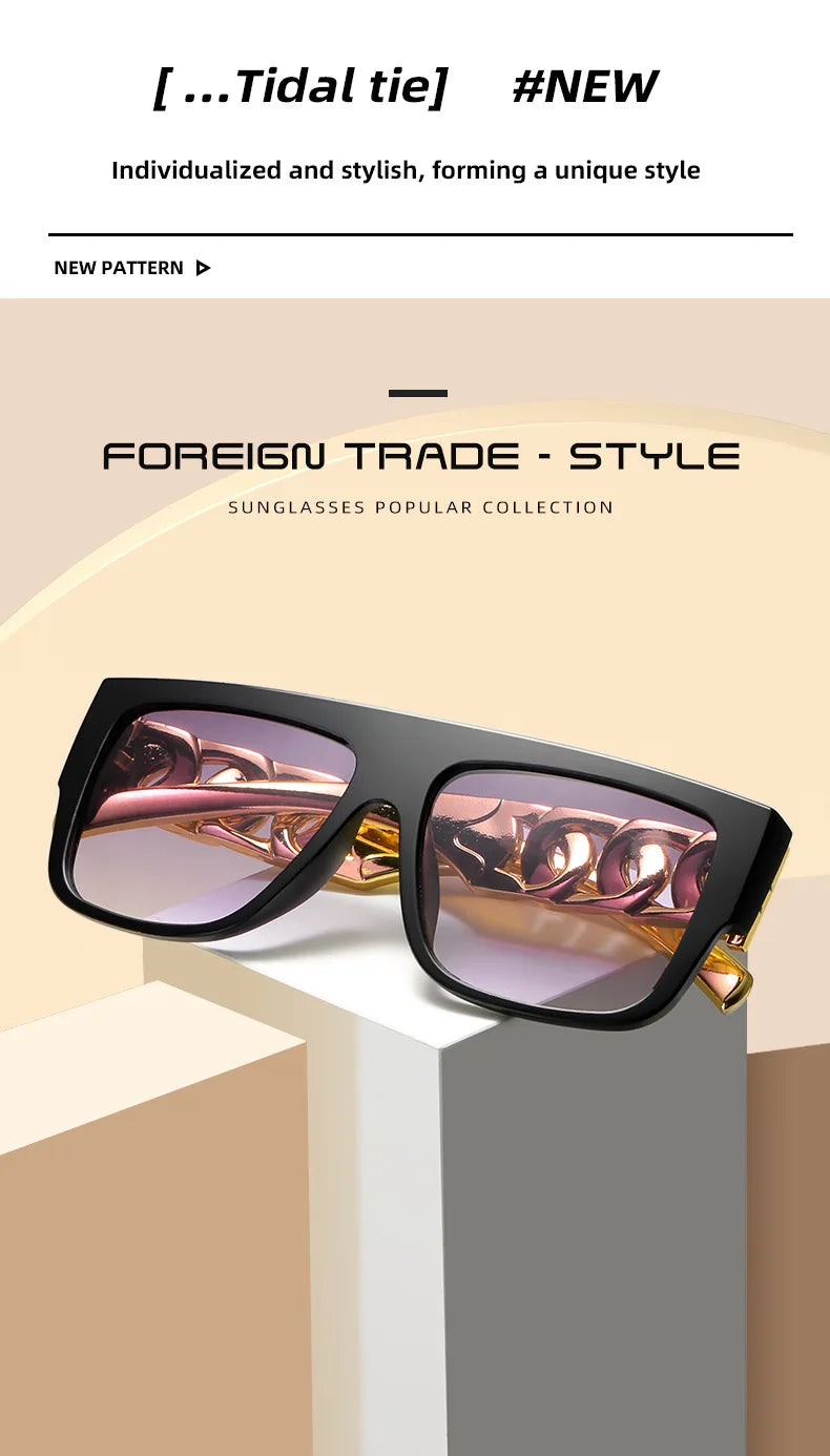 New Trendy Women Sunglasses Hip Hop Flamboyant Men Punk Big Gold Necklace Glasses Casual Vacation Sun Glasses UV400