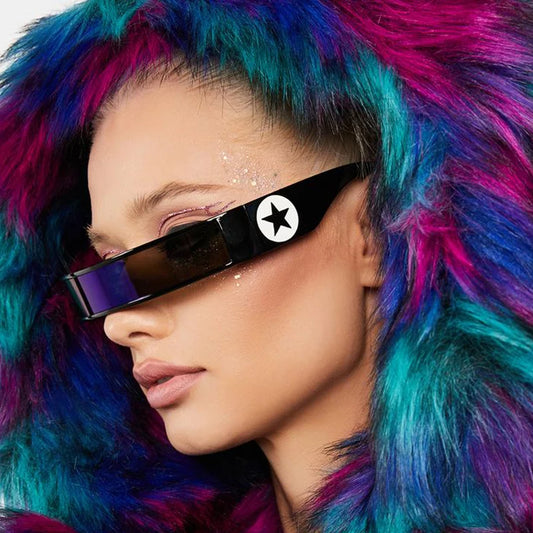 Occhiali da sole futuristici Y2k Star degli anni 2000 da donna e da uomo Cyber ​​Punk Slim Shield One Piece Sun Glasses UV400 WrapAround Black Goggles