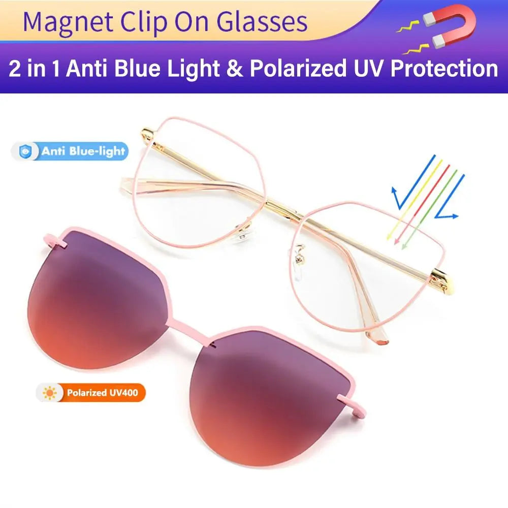 3 In-1 Glasses, Trendy Metal Frame Cat Eye Anti Blue Light Glasses with 1Pc Magnetic Polarized Clip-On Sunglasses Lenses