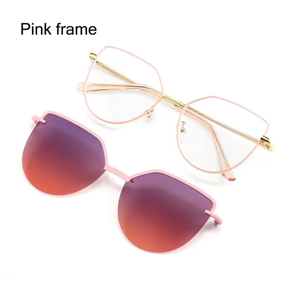 3 In-1 Glasses, Trendy Metal Frame Cat Eye Anti Blue Light Glasses with 1Pc Magnetic Polarized Clip-On Sunglasses Lenses