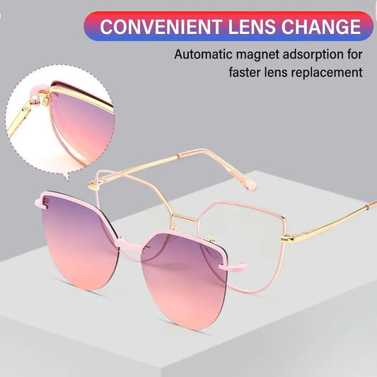 3 In-1 Glasses, Trendy Metal Frame Cat Eye Anti Blue Light Glasses with 1Pc Magnetic Polarized Clip-On Sunglasses Lenses