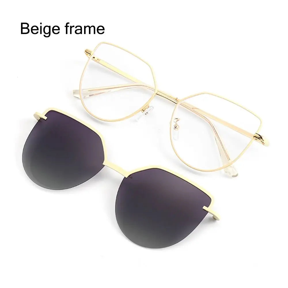 3 In-1 Glasses, Trendy Metal Frame Cat Eye Anti Blue Light Glasses with 1Pc Magnetic Polarized Clip-On Sunglasses Lenses