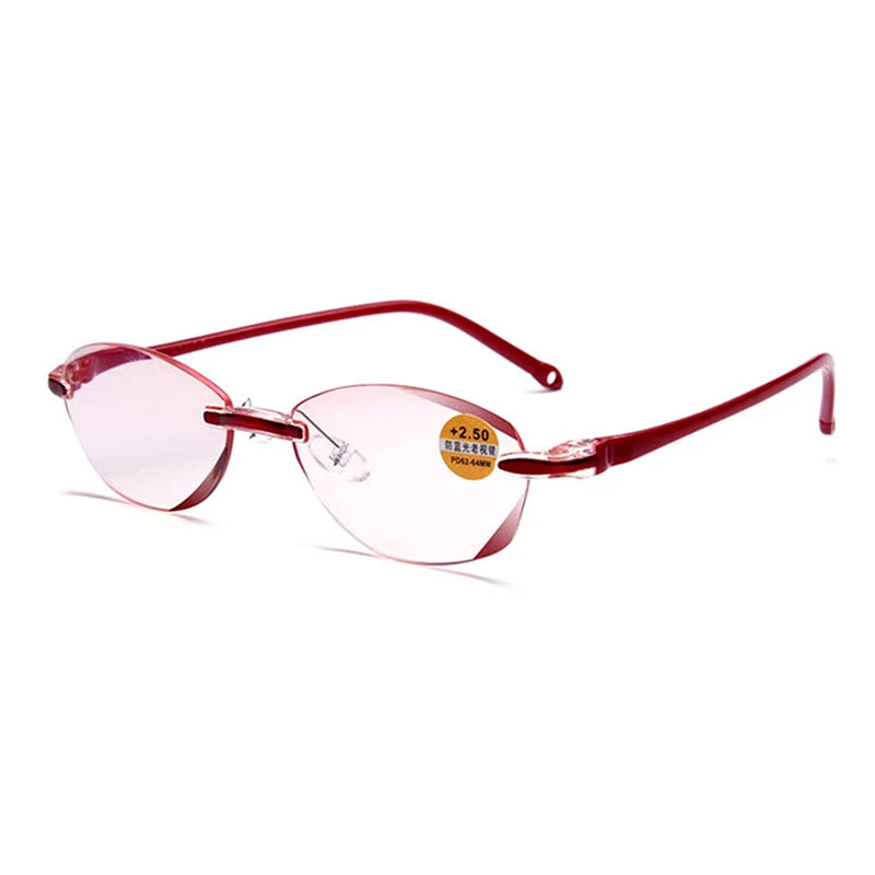Diamond Cutting Rimless Reading Glasses Women Men Anti Blue Light Presbyopic Glasses Frameless Oval TR90 red/black