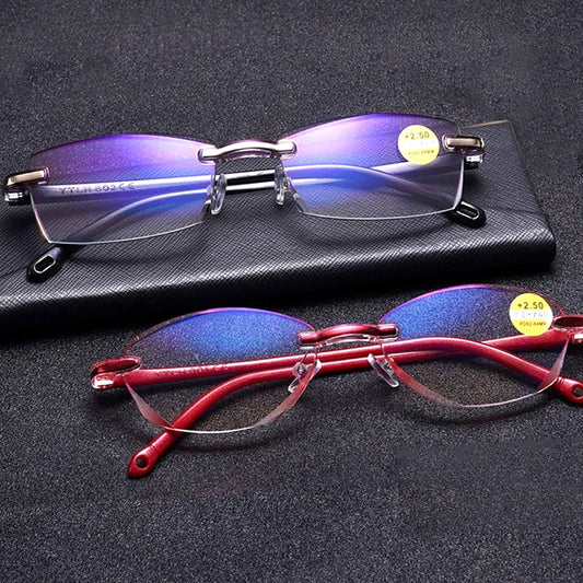 Diamond Cutting Rimless Reading Glasses Women Men Anti Blue Light Presbyopic Glasses Frameless Oval TR90 red/black