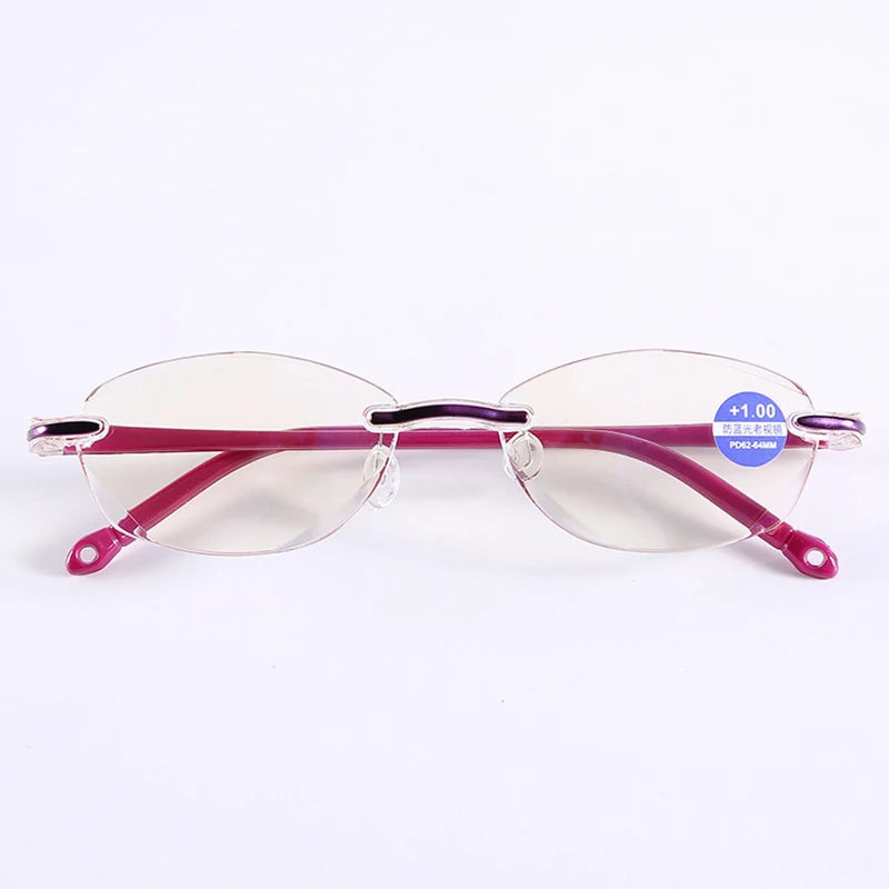 Diamond Cutting Rimless Reading Glasses Women Men Anti Blue Light Presbyopic Glasses Frameless Oval TR90 red/black