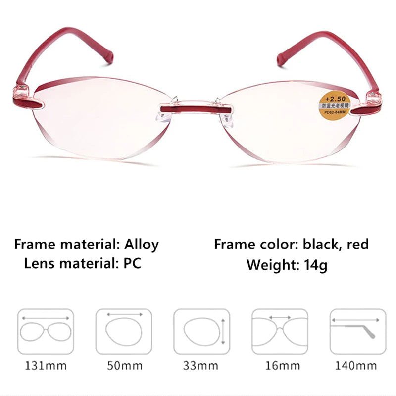 Diamond Cutting Rimless Reading Glasses Women Men Anti Blue Light Presbyopic Glasses Frameless Oval TR90 red/black