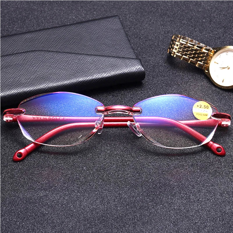 Diamond Cutting Rimless Reading Glasses Women Men Anti Blue Light Presbyopic Glasses Frameless Oval TR90 red/black