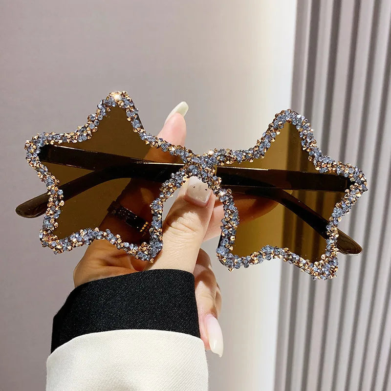 Female Pentagram Diamond Rimless Sunglasses Personalized Street Photography Sunglass Travel Sunscreen Glasses for Women