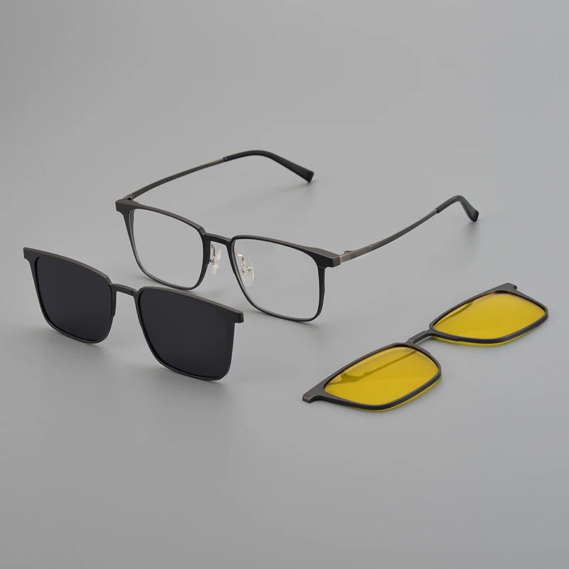 Flip Pure Titanium Square Sunglasses Clip Double Lenses  Solar Glasses Designer High Quality Men Retro Eyeglasses