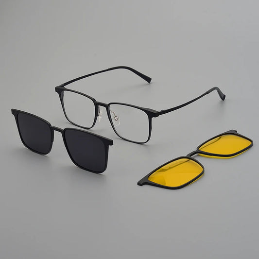 Flip Pure Titanium Square Sunglasses Clip Double Lenses  Solar Glasses Designer High Quality Men Retro Eyeglasses