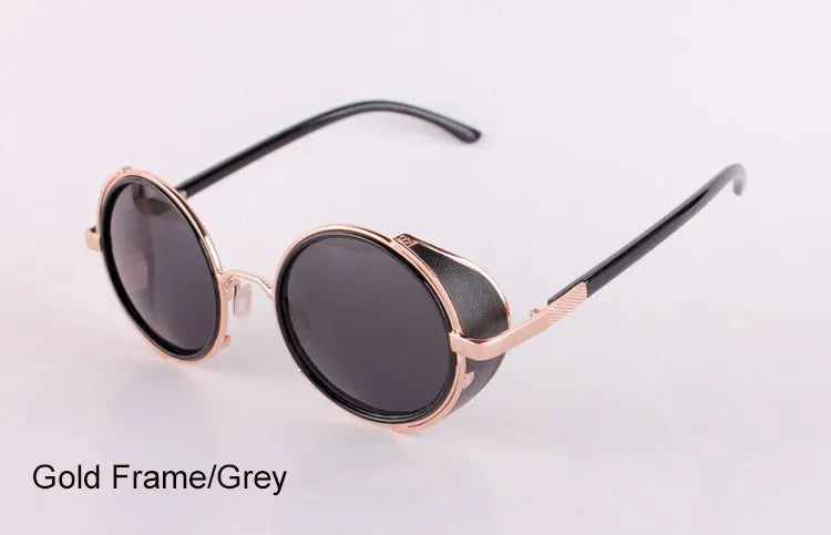 Occhiali da sole da uomo con lenti rotonde nere e montature dorate, occhiali da sole Steampunk Feminino, lenti a specchio, montatura in lega di metallo retrò
