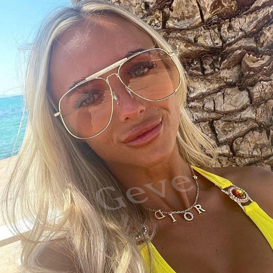 Metal Frame Pilot Sunglasses for Women 2024 Luxury Oversized Square Shades Sun Glasses Vintage Clear Eyewear UV400