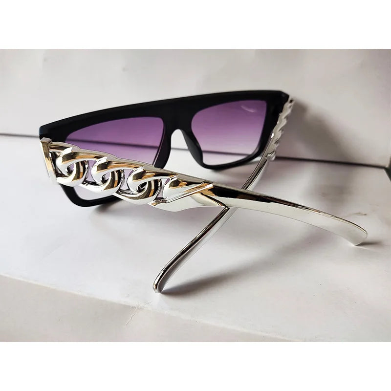 New Trendy Women Sunglasses Hip Hop Flamboyant Men Punk Big Gold Necklace Glasses Casual Vacation Sun Glasses UV400