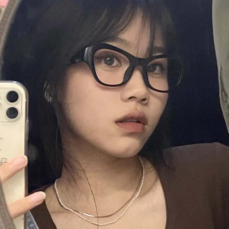 Retro Cat Eye Irregular Black Glasses Frame Women Ins No Makeup Plain Glasses Men Eyewear Cute Decorative Computer Glasses