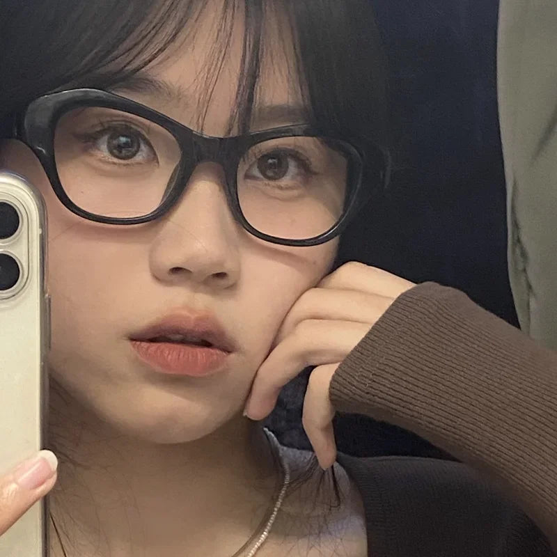 Retro Cat Eye Irregular Black Glasses Frame Women Ins No Makeup Plain Glasses Men Eyewear Cute Decorative Computer Glasses