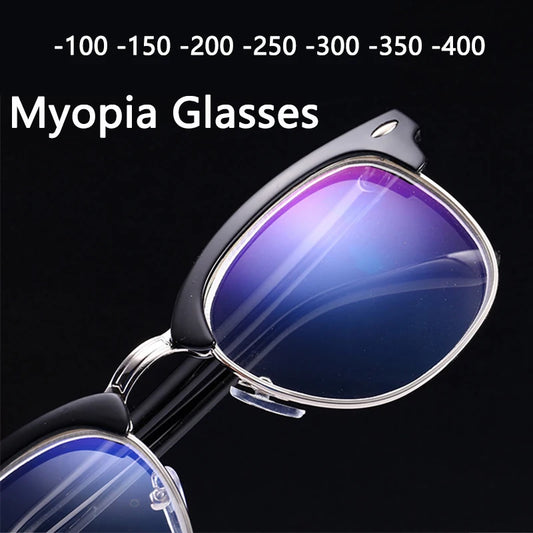 Retro Half Frame Myopia Glasses Men Progressive Tea Finished Glasses Women Ultralight Clear Metal Nearsighted Eyeglasses Silver