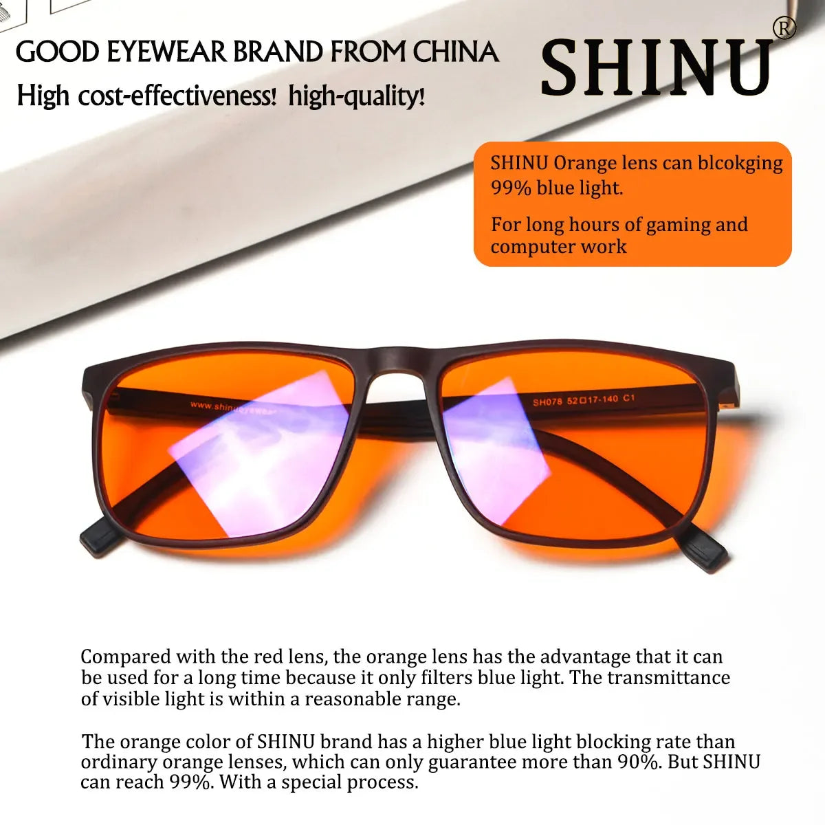 SHINU Brand Good Sleep Blue Light Blocking Glasses Men Red Lenses Anti Green Light Eliminate Eye Strain Glasses  Bluelight