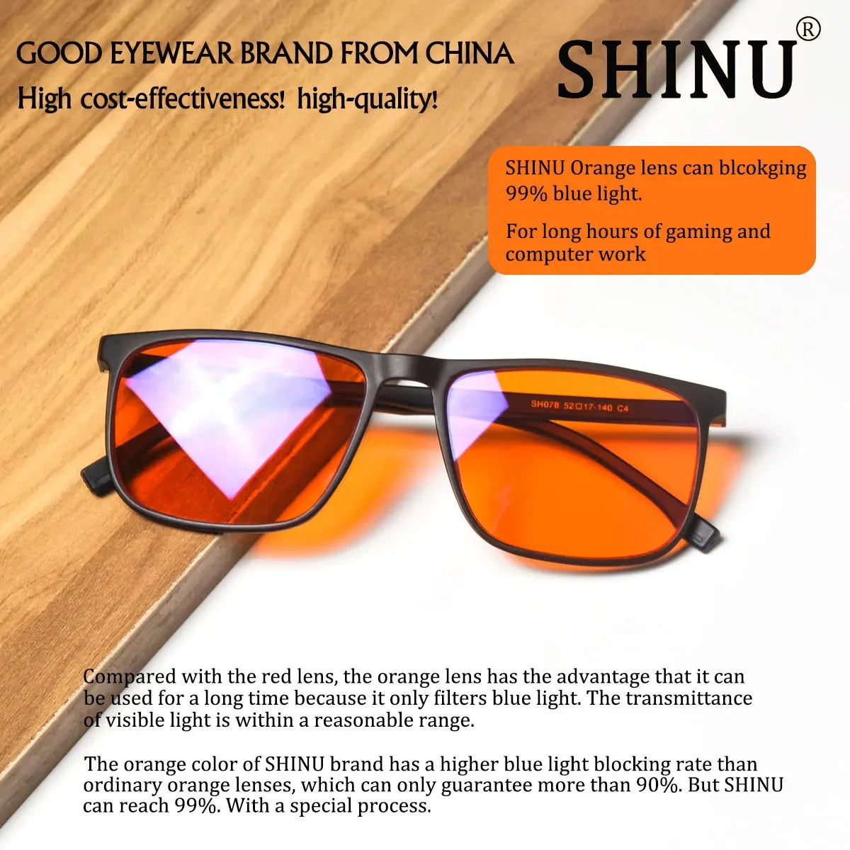 SHINU Brand Good Sleep Blue Light Blocking Glasses Men Red Lenses Anti Green Light Eliminate Eye Strain Glasses  Bluelight