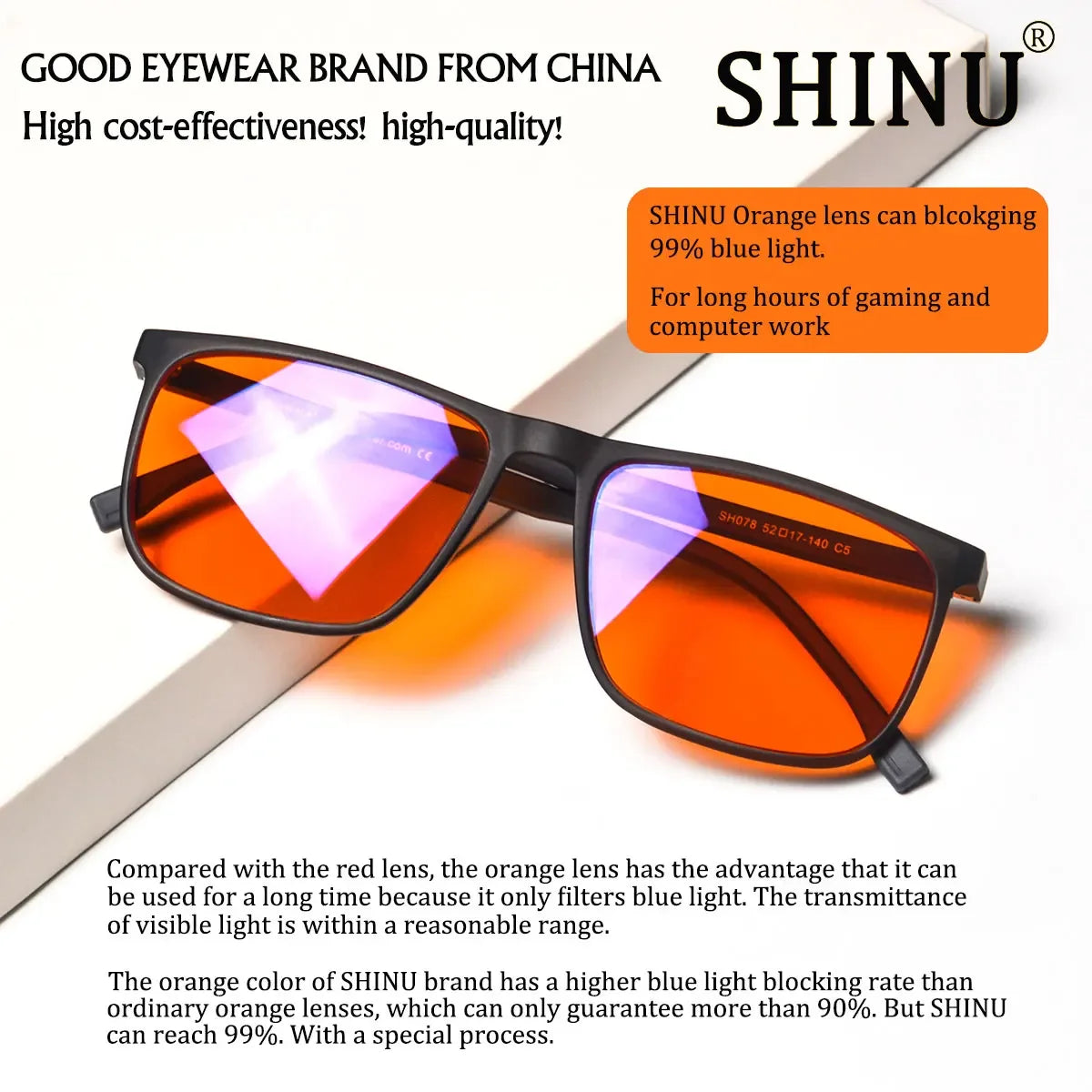 SHINU Brand Good Sleep Blue Light Blocking Glasses Men Red Lenses Anti Green Light Eliminate Eye Strain Glasses  Bluelight