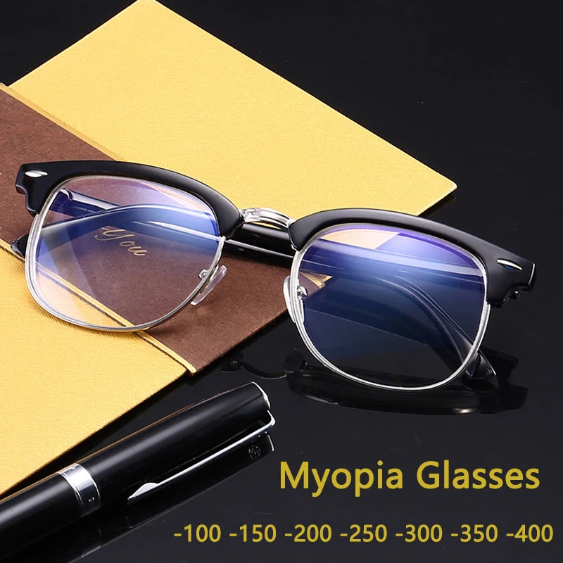 Retro Half Frame Myopia Glasses Men Progressive Tea Finished Glasses Women Ultralight Clear Metal Nearsighted Eyeglasses Silver