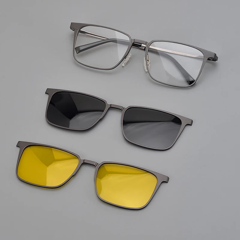 Flip Pure Titanium Square Sunglasses Clip Double Lenses  Solar Glasses Designer High Quality Men Retro Eyeglasses